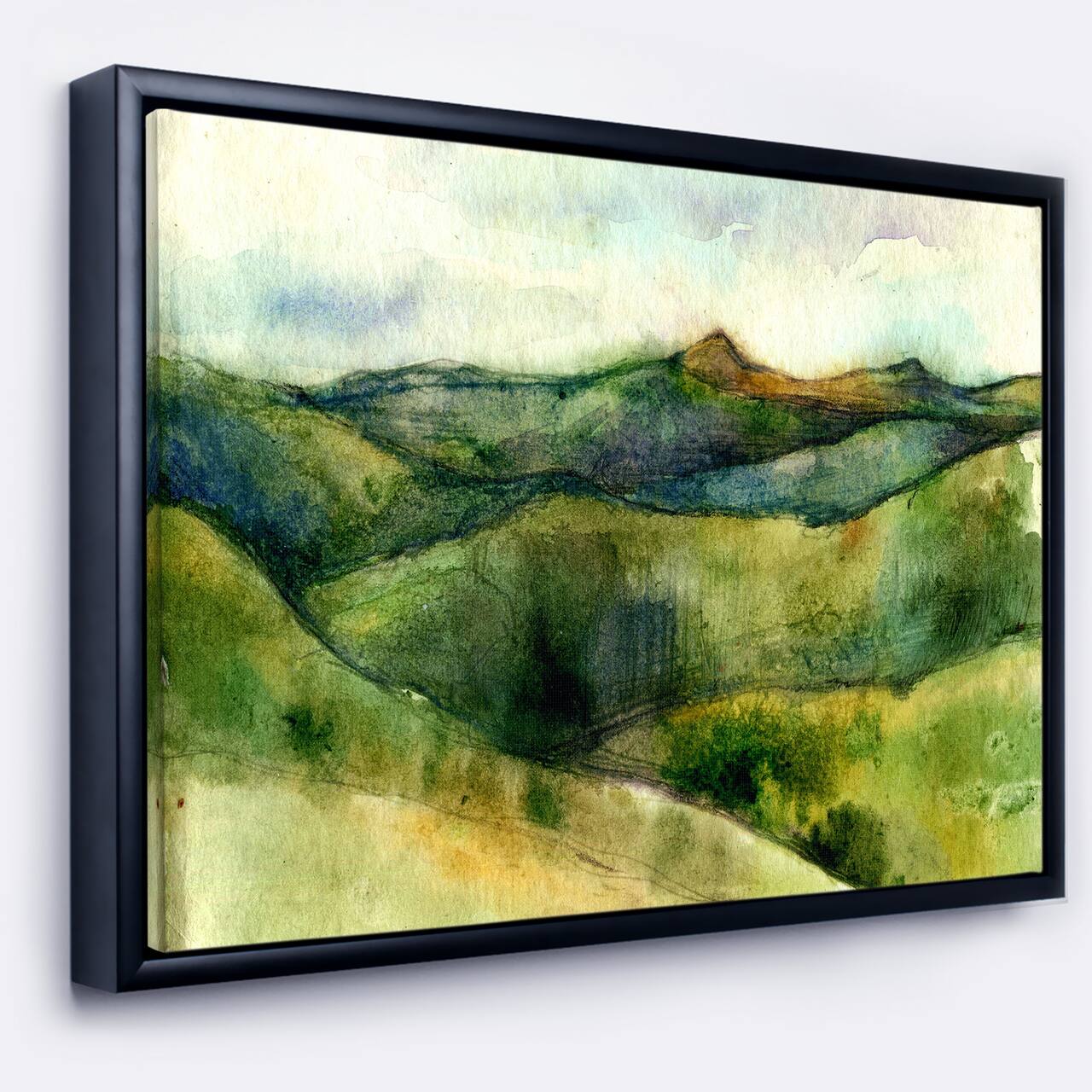 Designart - Green Mountains Watercolor - Landscape Painting Canvas Print in Black Frame